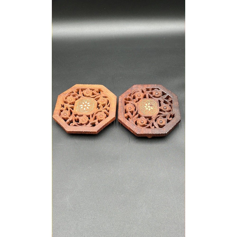 Vintage Carved Wooden Trivets with Inlay